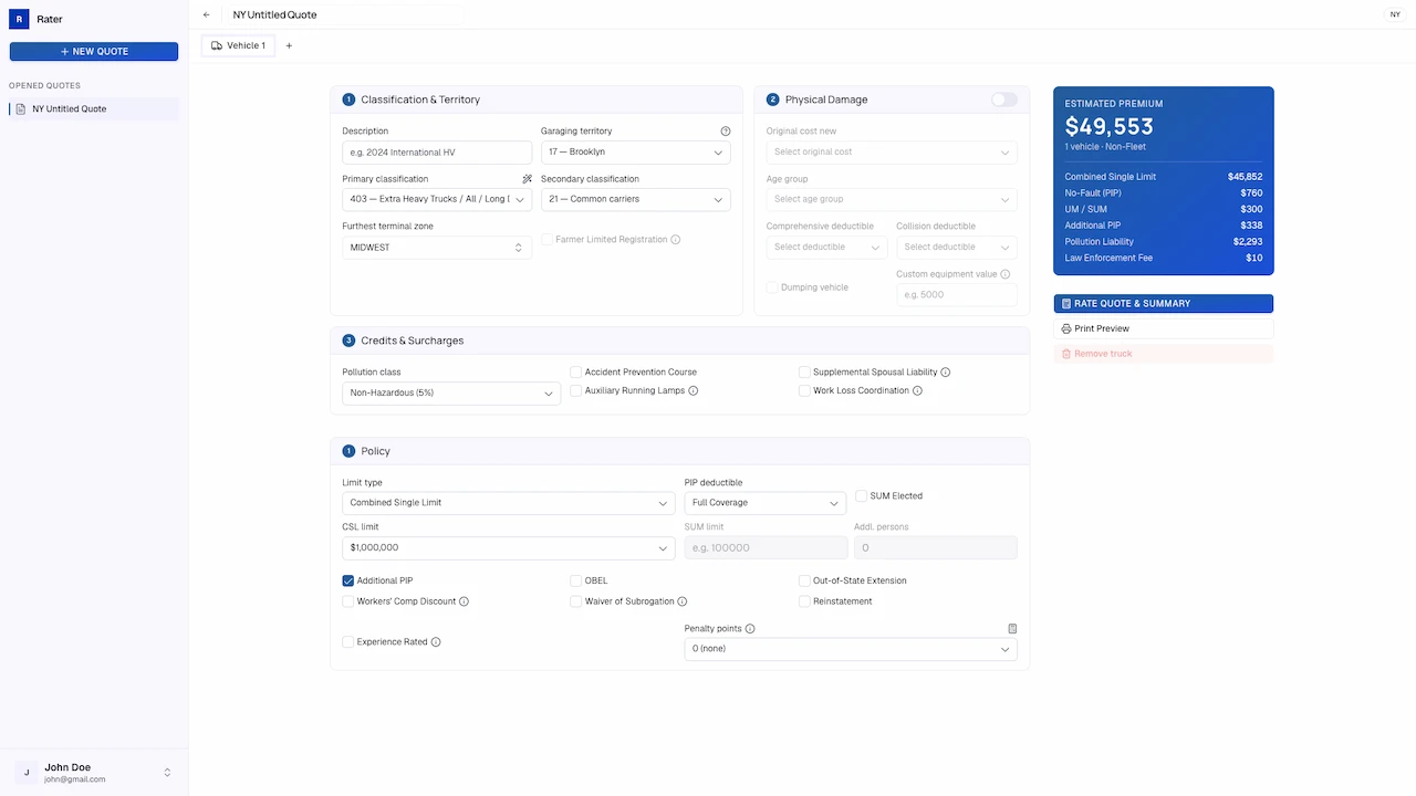 Coverages Assigned Risk Rater - quote workspace showing a CT truck rating form